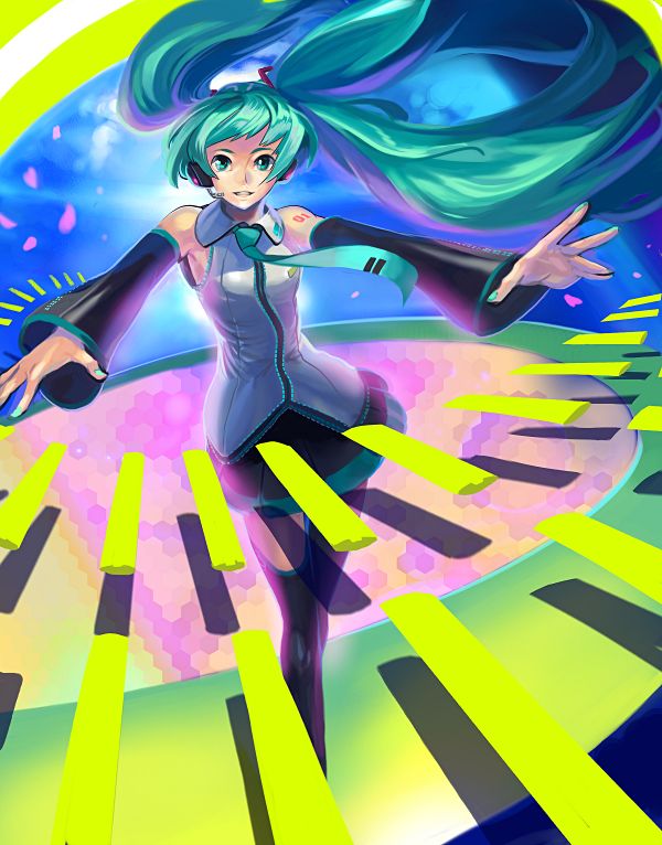 hatsune miku, melt (vocaloid), vocaloid, 1girl, aqua hair, aqua necktie, black thighhighs, blouse, blue background, collared shirt, falling petals, female focus, frilled shirt, frills, grey shirt, long hair, necktie, petals, shirt, shoulder tattoo, sleeveless, sleeveless shirt, solo, tattoo, thighhighs, twintails, very long hair