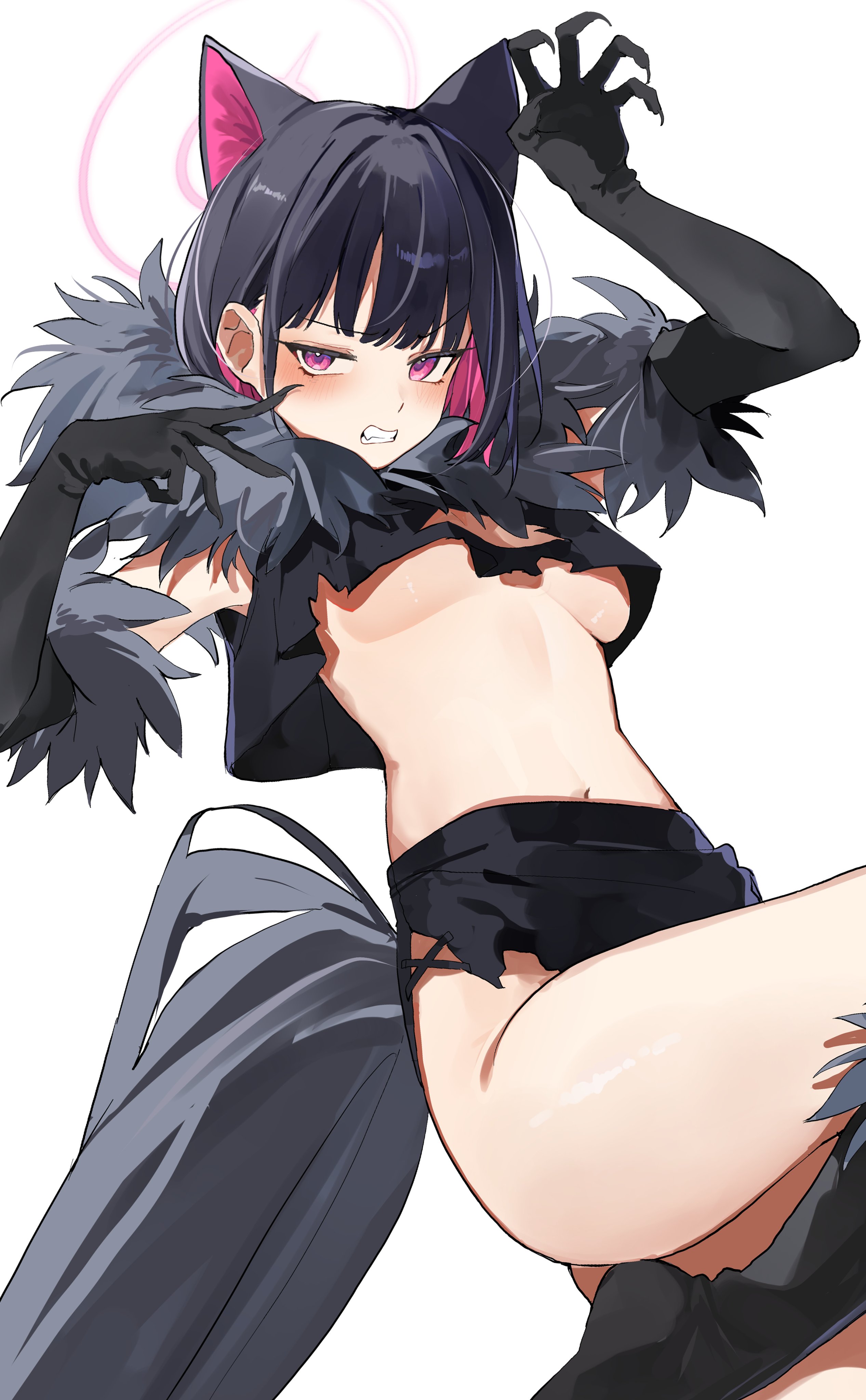 deitaku, kazusa (blue archive), kazusa (halloween) (blue archive), blue archive, twitter, 1girl, bare legs, black hair, breasts, halo, looking at viewer, medium breasts, pink eyes, pink hair, pink halo, short hair, simple background, solo, white background