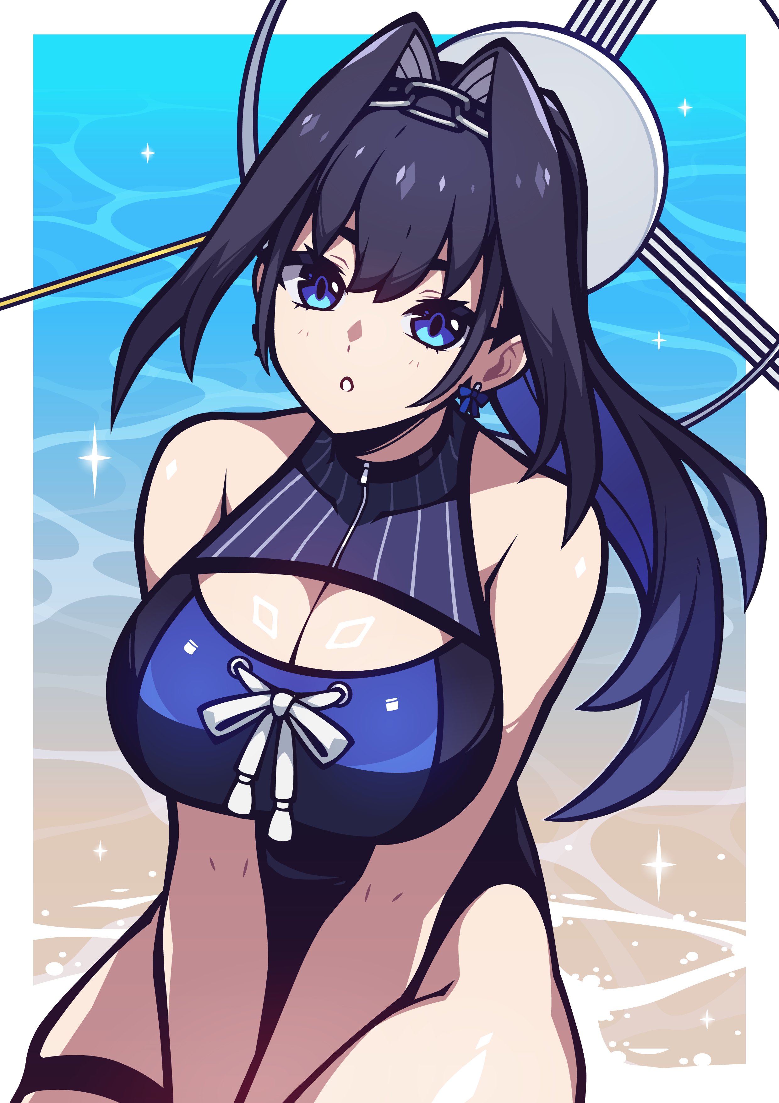 bacon strips, ouro kronii, ouro kronii (holonatsu paradise), hololive, hololive english, absurdres, highres, 1girl, beach, black hair, blue eyes, blue hair, blue one-piece swimsuit, bow, bow earrings, breasts, chain, chain headband, cleavage, cleavage cutout, clothing cutout, colored inner hair, earrings, hair intakes, halo, highleg, highleg one-piece swimsuit, jewelry, large breasts, long hair, looking at viewer, mechanical halo, multicolored hair, ocean, official alternate costume, one-piece swimsuit, solo, swimsuit, thigh strap, virtual youtuber, water