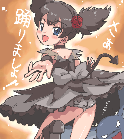 4040 (abonriya), kuromi, kurumi nui, onegai my melody, sanrio, lowres, partially translated, translation request, 00s, 1girl, black hair, blue eyes, blush, choker, creature, dress, female focus, flower, hair flower, hair ornament, looking at viewer, looking back, oekaki, open mouth, outstretched arm, panties, pantyshot, short hair, short twintails, smile, solo, tail, twintails, underwear