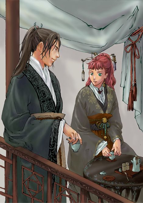 endo saya, endou saya (artist), king en (juuni kokuki), nakajima youko, juuni kokuki, 1boy, 1girl, bow, brown hair, chinese clothes, cup, green eyes, hair ornament, hanfu, plate, red hair, table, teacup