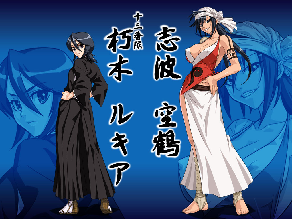 kagami hirotaka, kuchiki rukia, shiba kuukaku, bleach, translation request, 00s, 2girls, amputee, bandages, black hair, breasts, cleavage, covered erect nipples, large breasts, multiple girls, skirt, tattoo, white skirt, zoom layer