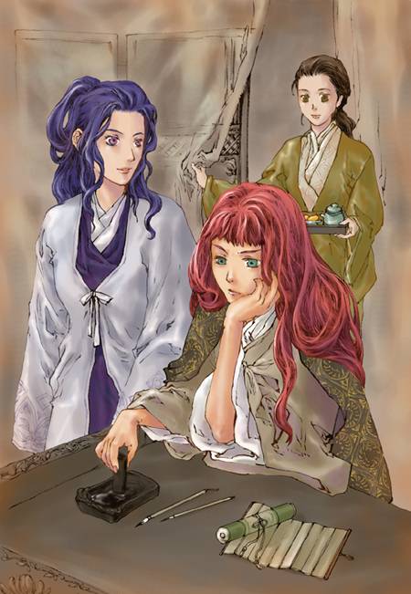 endo saya, endou saya (artist), nakajima youko, ouki suzu, shoukei, shoukei (juuni kokuki), juuni kokuki, 3girls, blue hair, brown hair, chinese clothes, green eyes, hanfu, long hair, multiple girls, red hair
