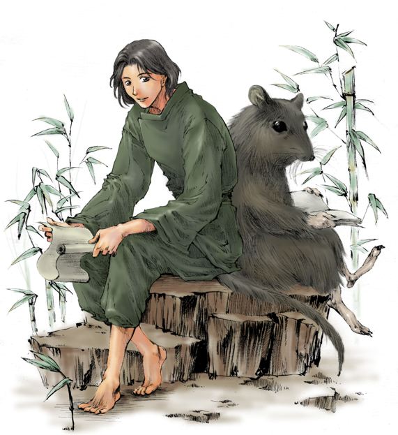 endou saya (artist), rakushun (juuni kokuki), juuni kokuki, 1boy, bamboo, bamboo forest, barefoot, book, changpao, chinese clothes, feet, forest, male focus, mouse (animal), nature, simple background, solo, white background