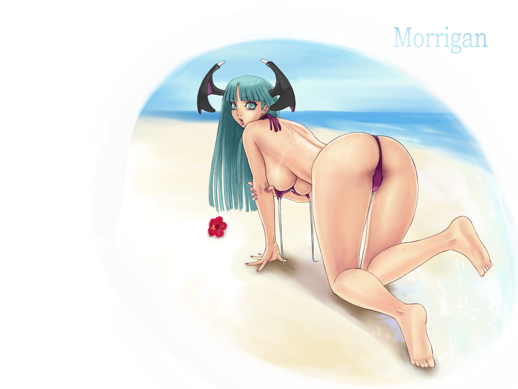 ark (morita hitomi), morrigan aensland, capcom, darkstalkers, 1girl, ass, barefoot, beach, bent over, bikini, bikini tan, breasts, character name, demon girl, feet, female focus, head wings, large breasts, long hair, solo, swimsuit, tan, tanline, thong bikini, wings