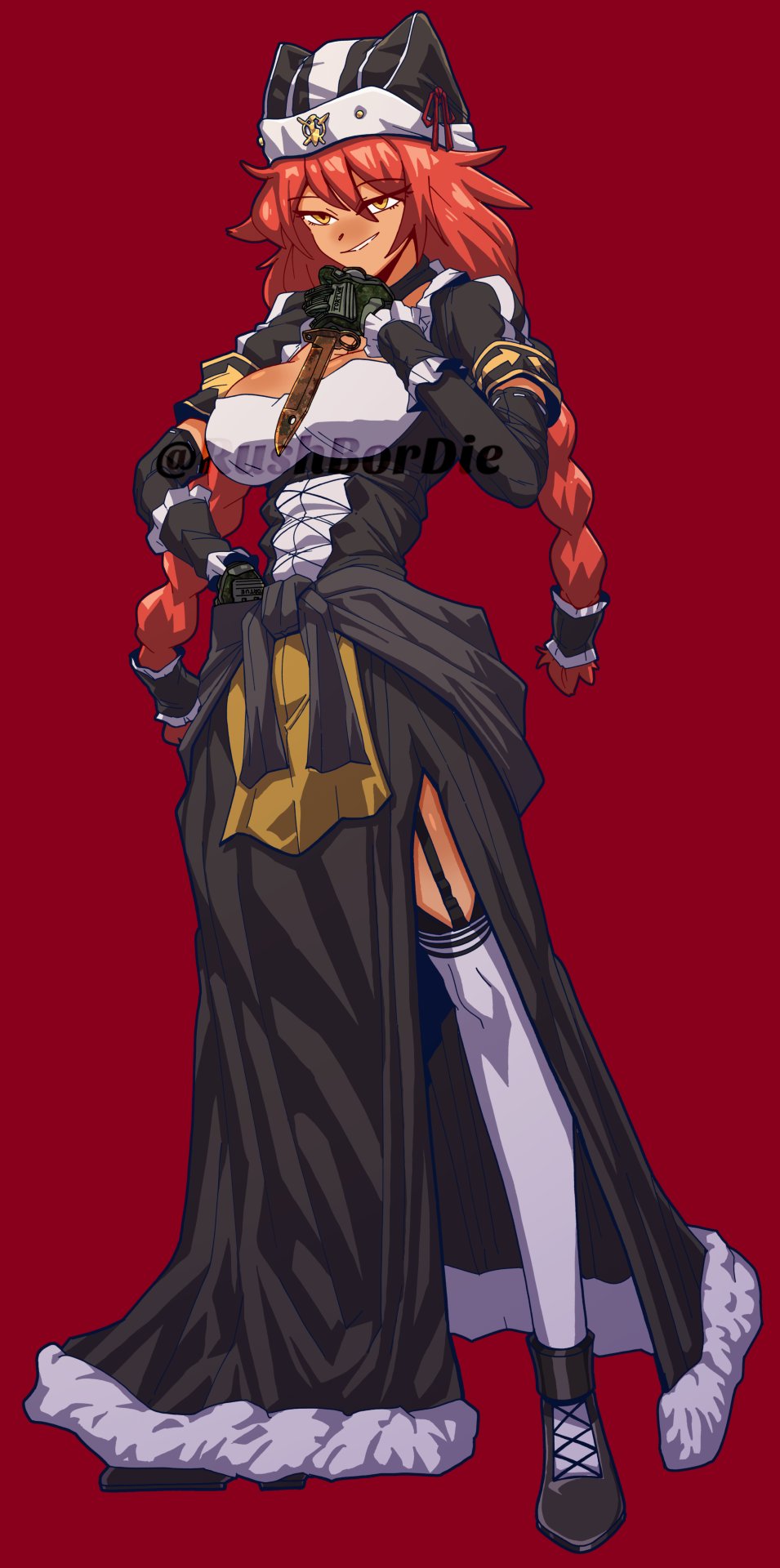 hugo (rushbordie), lupusregina beta, counter-strike (series), counter-strike 2, overlord (maruyama), commentary, commission, english commentary, highres, 1girl, black dress, black gloves, black hat, black shoes, braid, breasts, cleavage cutout, clothing cutout, dark-skinned female, dark skin, dress, elbow gloves, full body, garter straps, gloves, grey thighhighs, grin, hat, holding, holding knife, knife, large breasts, long dress, long hair, looking at viewer, orange eyes, red background, red hair, shoes, short sleeves, side slit, simple background, smile, solo, standing, thighhighs, twin braids, twitter username