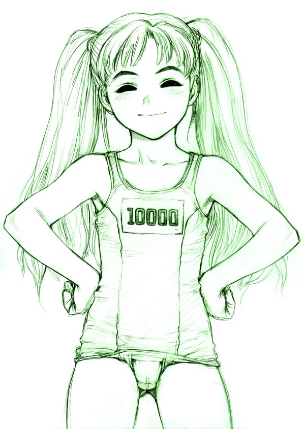 minazuki juuzou, mankochan, original, 1girl, black sclera, cameltoe, colored sclera, empty eyes, female focus, green theme, milestone celebration, monochrome, name tag, one-piece swimsuit, school swimsuit, smile, solo, swimsuit, twintails