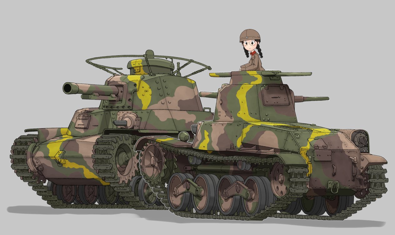 ilma, fukuda haru, type 95 ha-gou, type 97 chi-ha, girls und panzer, 1girl, blush, braid, chi-hatan military uniform, glasses, helmet, long hair, military, military uniform, military vehicle, motor vehicle, on tank, solo, tank, twin braids