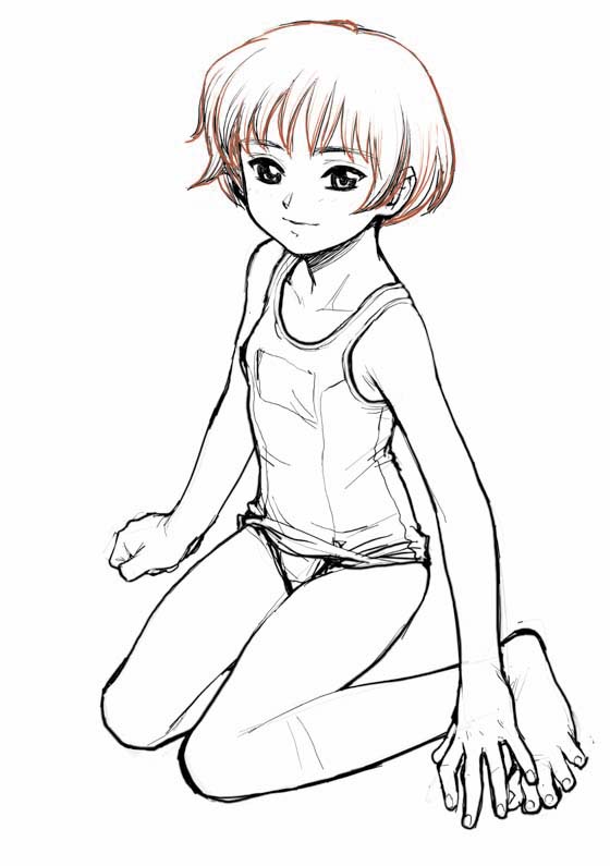 minazuki juuzou, 1girl, barefoot, brown hair, collarbone, feet, female focus, fingernails, flat chest, full body, hands on feet, kneeling, light smile, looking at viewer, monochrome, one-piece swimsuit, school swimsuit, short hair, simple background, sketch, smile, solo, spot color, swimsuit, toenails, toes, white background