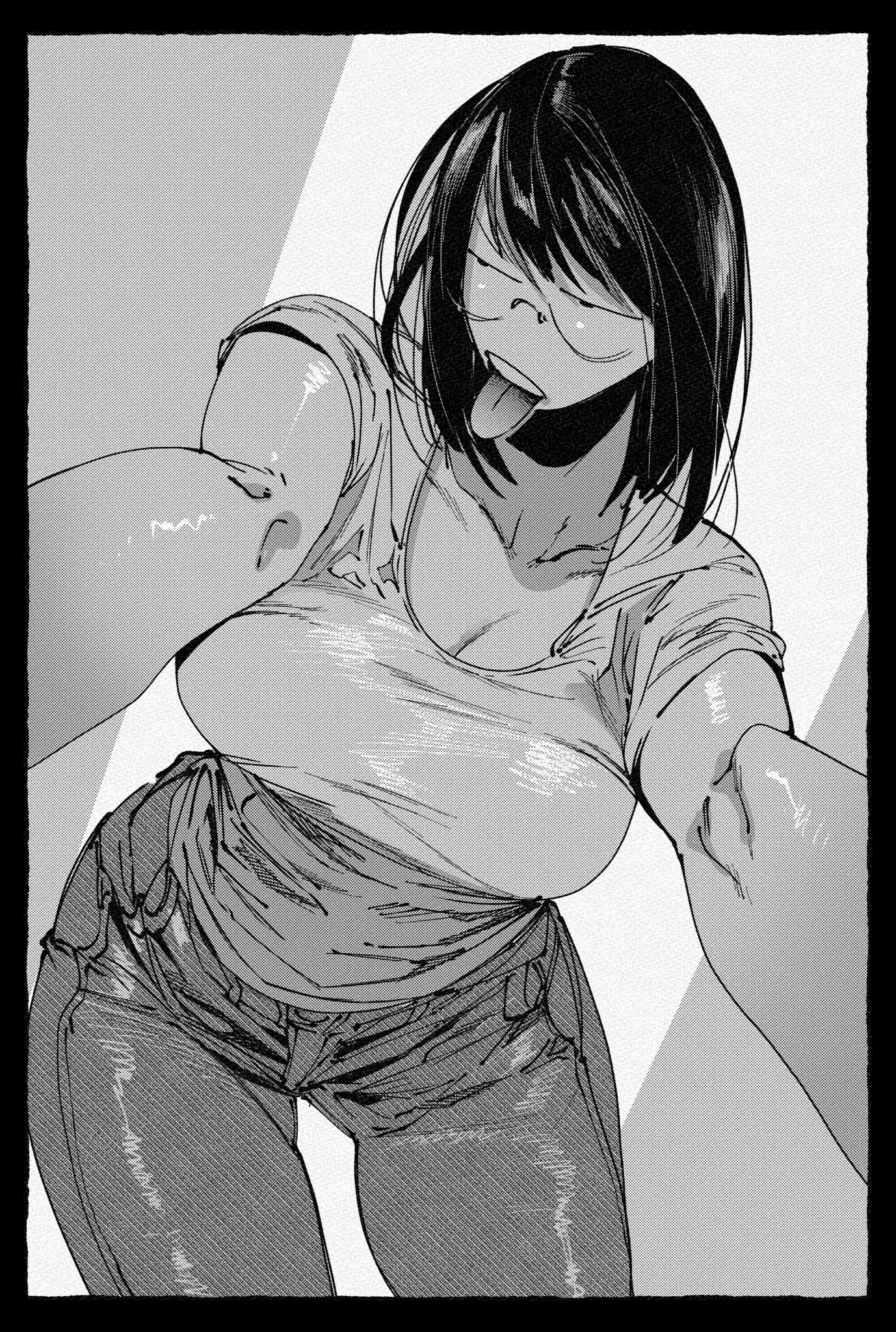hachinuki tetsuyo, she (hachinuki tetsuyo), original, highres, 1girl, against wall, ass, assertive female, black hair, breasts, broad shoulders, cleavage, denim, glasses, jeans, large breasts, monochrome, pants, pov, shirt, tall female, tongue, tongue out, white shirt, wide hips
