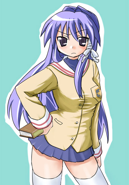 hottan!, fujibayashi kyou, clannad, 00s, black eyes, book, long hair, purple hair, school uniform, serafuku, skirt, solo, thighhighs