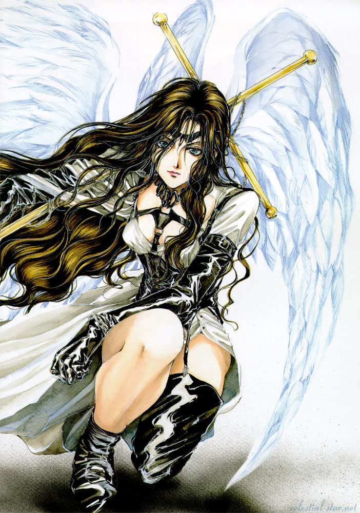alexiel, yuki kaori, angel sanctuary, artbook, 1girl, angel, angel wings, black gloves, blue eyes, boots, brown hair, corset, dress, female focus, gloves, kneeling, leather, long hair, rod, solo, wavy hair, wings