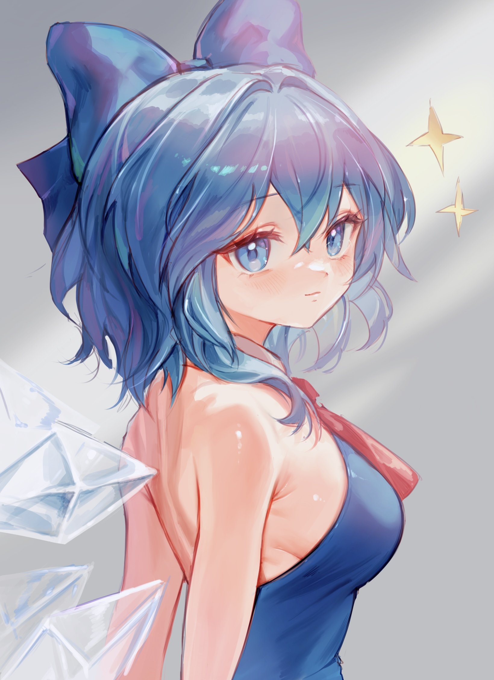 rhea (156latte), cirno, touhou, highres, 1girl, back, blue bow, blue dress, blue eyes, blue hair, bow, breasts, cirno day, detached wings, dress, from behind, hair bow, ice, ice wings, looking at viewer, looking to the side, median furrow, medium breasts, red ribbon, ribbon, shoulder blades, sideboob, sleeveless, sleeveless dress, solo, wings