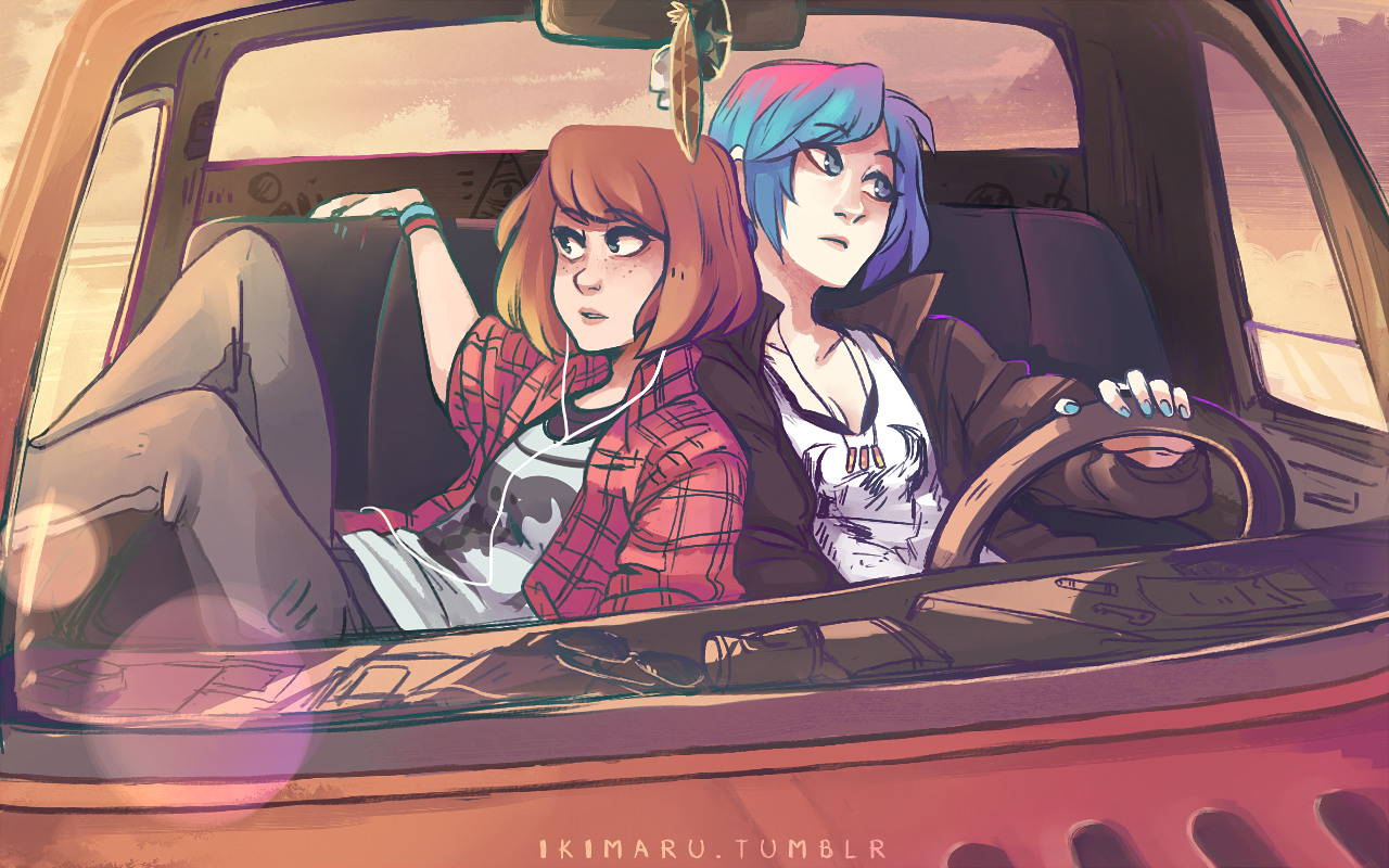 ikimaru, chloe price, max caulfield, life is strange (series), life is strange 1, 2girls, artist name, black jacket, black pants, blue eyes, blue hair, blue nails, brown hair, car, jacket, motor vehicle, multiple girls, open clothes, open shirt, pants, plaid clothes, plaid vest, red shirt, shirt, short sleeves, tank top, tumblr username, vest, white tank top