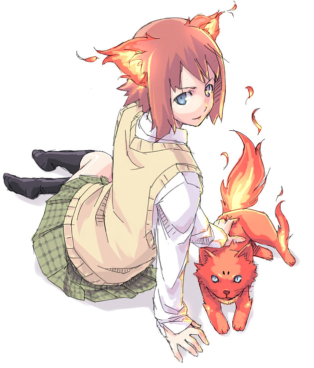 kyo (kuroichigo), mozilla firefox, os-tan, 1girl, animal ears, arm support, black socks, blue eyes, female focus, fiery tail, fox, fox ears, no shoes, personification, red hair, school uniform, serafuku, short hair, sitting, skirt, socks, solo, sweater, sweater vest, tail, vest, yokozuwari