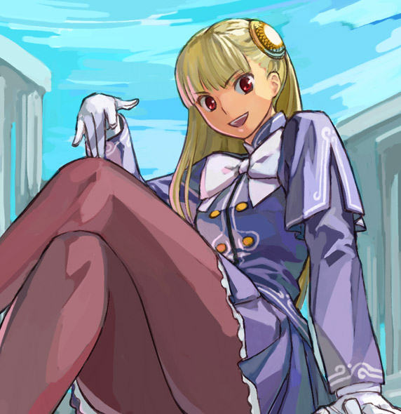 b suke, ingrid (capcom), capcom, capcom fighting jam, 1girl, :d, blonde hair, crossed legs, day, female focus, gloves, hairpods, legs, long hair, open mouth, pantyhose, red eyes, sitting, sky, smile, solo, white gloves