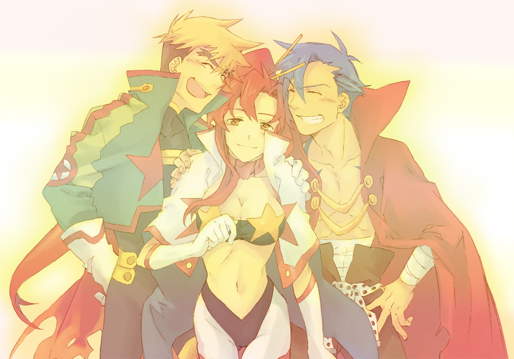 mikazuki (feimao), moyashi (narukami), kamina (ttgl), kittan bachika, space yoko, yoko littner, tengen toppa gurren lagann, 00s, 1girl, 2boys, bandeau, multiple boys, strapless, tube top
