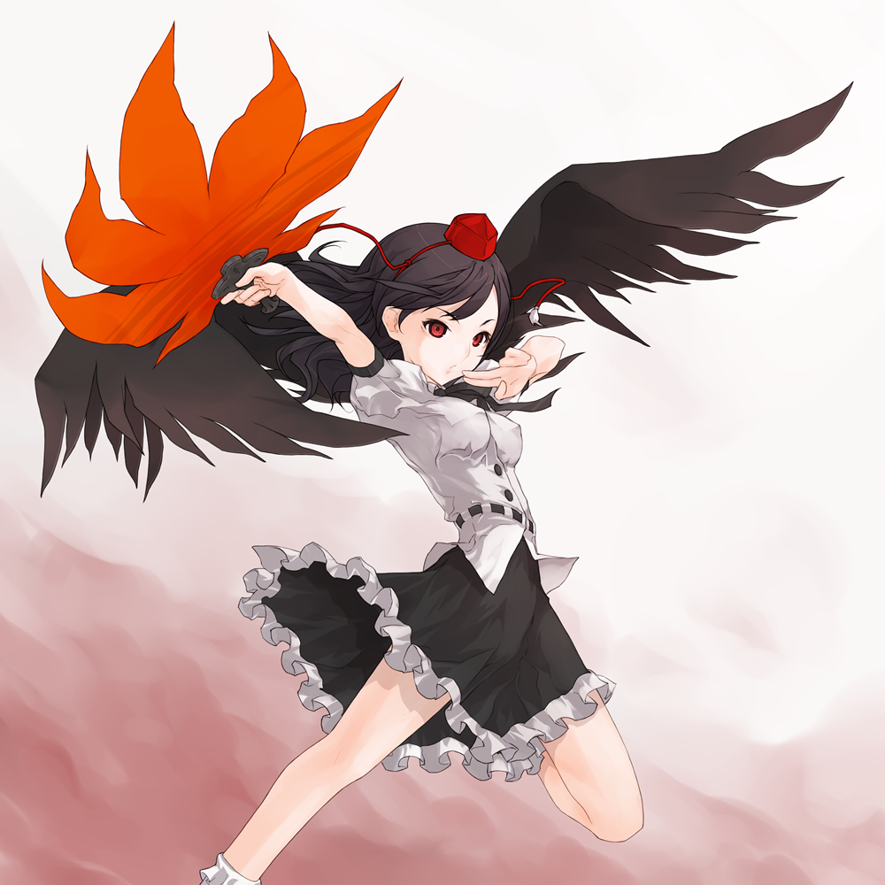 kazuoki, shameimaru aya, touhou, 1girl, :o, black hair, black wings, bobby socks, breasts, expressionless, female focus, frills, hat, looking at viewer, outstretched arm, red eyes, ribbon, skirt, small breasts, socks, solo, standing, standing on one leg, tengu, tokin hat, wings