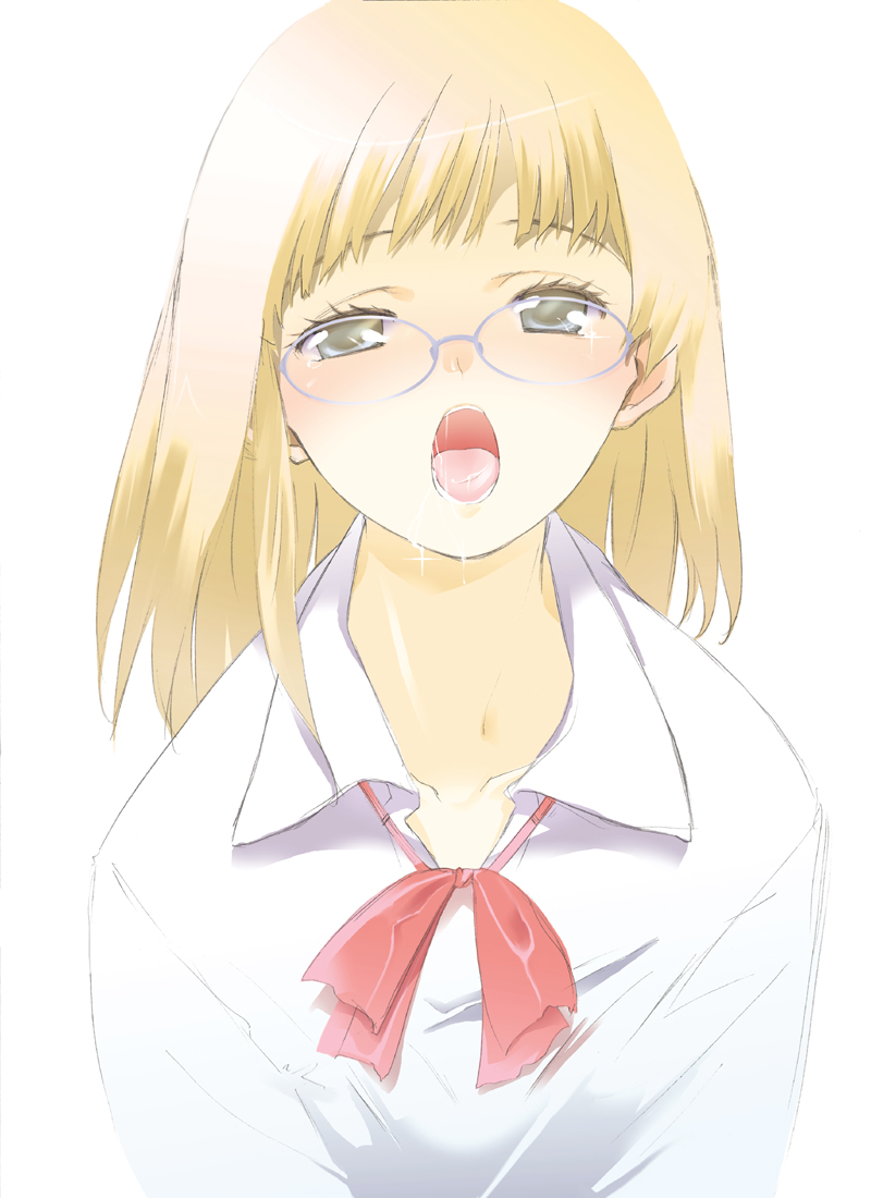 otomo megane, original, tagme, blouse, collared shirt, cum, eyelashes, glasses, school uniform, serafuku, shirt, simple background, solo, white background, white shirt