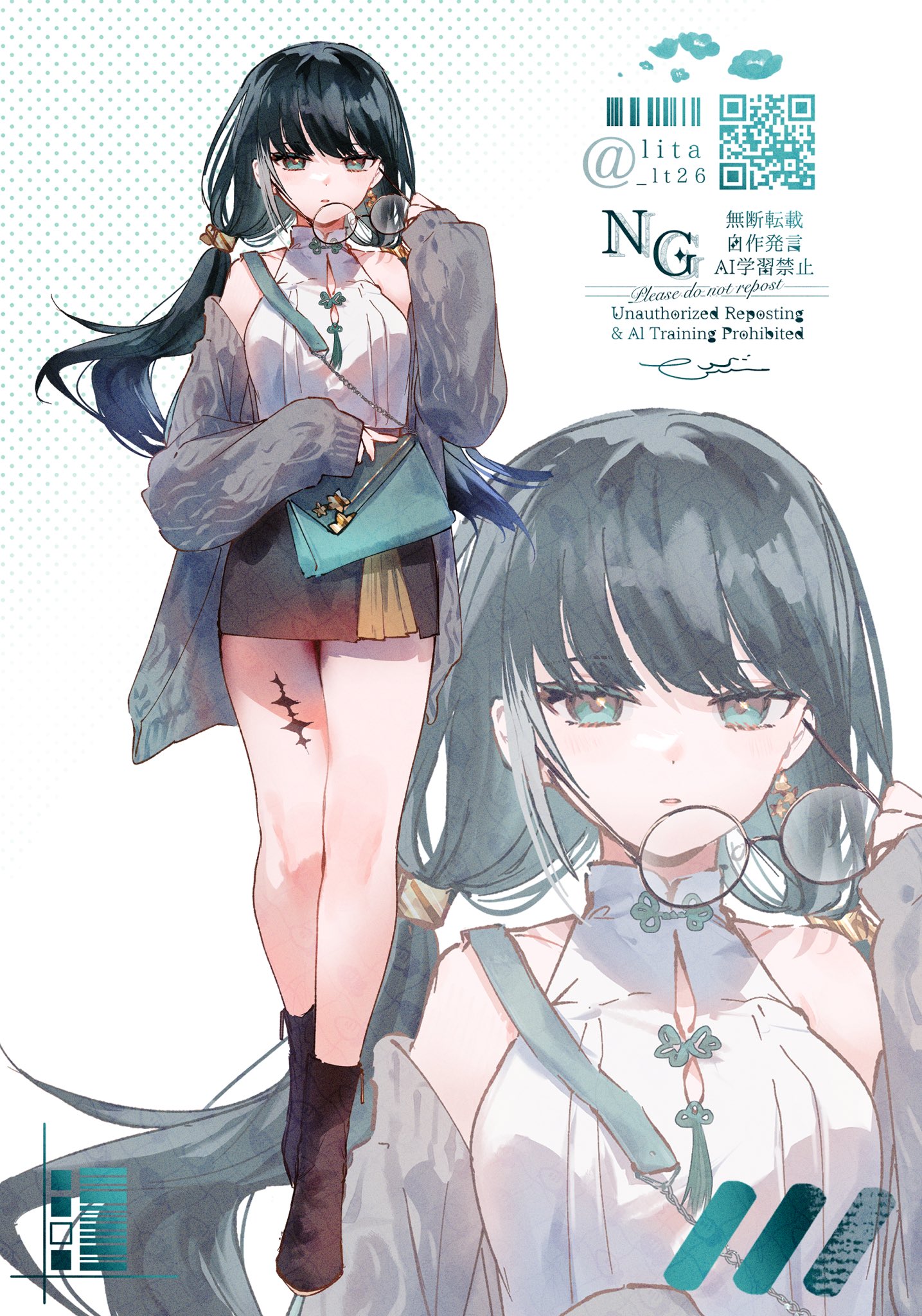 lt26, baizhi (wuthering waves), wuthering waves, commentary request, highres, 1girl, alternate costume, bag, bare shoulders, black hair, black skirt, breasts, cardigan, glasses, green bag, green eyes, grey cardigan, holding, holding bag, holding removed eyewear, long hair, looking at viewer, low ponytail, medium breasts, multicolored hair, off shoulder, open cardigan, open clothes, parted lips, ponytail, round eyewear, shirt, shoulder bag, skirt, sleeveless, sleeveless shirt, solo, streaked hair, unworn eyewear, watermark, white shirt, zoom layer