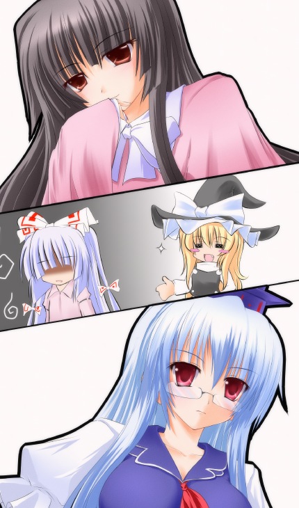 shirotsuki kouta, fujiwara no mokou, houraisan kaguya, kamishirasawa keine, kirisame marisa, touhou, 4girls, :d, ^ ^, annoyed, blonde hair, blunt bangs, braid, closed eyes, expressionless, female focus, hat, long hair, long sleeves, looking at viewer, multiple girls, oekaki, open mouth, red eyes, shaded face, sidelocks, simple background, single braid, smile, very long hair, waving, white background, wide sleeves, witch hat