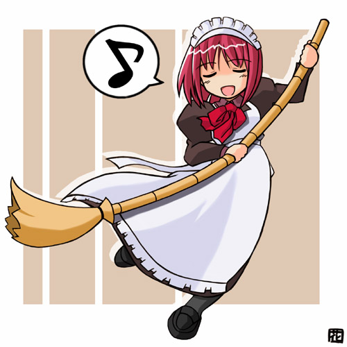 hana (hana mo arashi mo), hisui (tsukihime), tsukihime, lowres, 00s, 1girl, broom, closed eyes, dancing, female focus, maid, music, musical note, quaver, red hair, singing, solo, speech bubble, spoken musical note