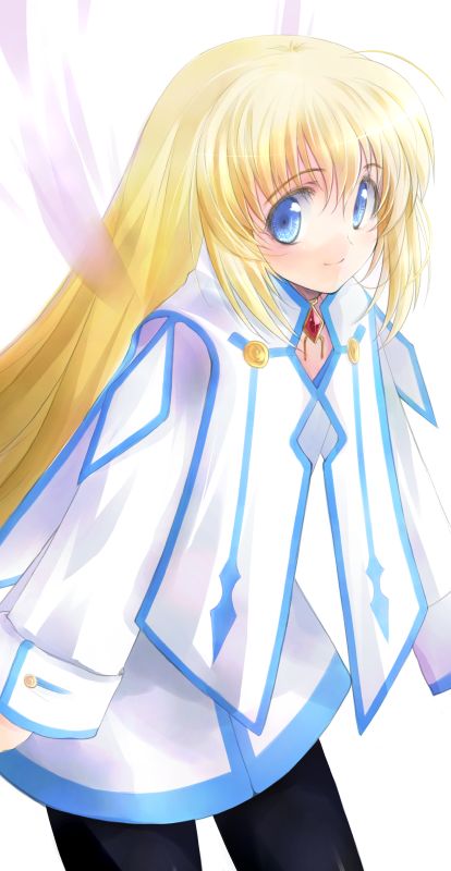 hara takehito, colette brunel, tales of (series), tales of symphonia, bad id, bad pixiv id, making-of available, 00s, 1girl, blonde hair, blue eyes, female focus, long hair, pantyhose, simple background, smile, solo, white background, wings