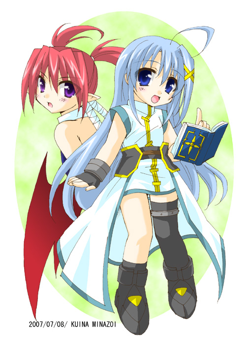 minazoi kuina, agito, agito (nanoha), book of the azure sky, reinforce zwei, lyrical nanoha, mahou shoujo lyrical nanoha, mahou shoujo lyrical nanoha strikers, 00s, 2girls, asymmetrical clothes, bat wings, blue eyes, blue hair, blush, book, fingerless gloves, gloves, hair ornament, long hair, multiple girls, pointy ears, purple eyes, red hair, short hair, single thighhigh, thighhighs, twintails, wings, x hair ornament
