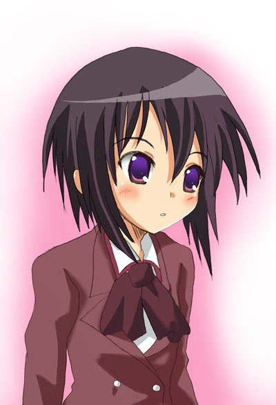 massala, kawazoe tamaki, bamboo blade, 00s, 1girl, black hair, blazer, bow, bowtie, brown bow, brown bowtie, buttons, female focus, jacket, long sleeves, purple eyes, short hair, simple background, solo, upper body, white background