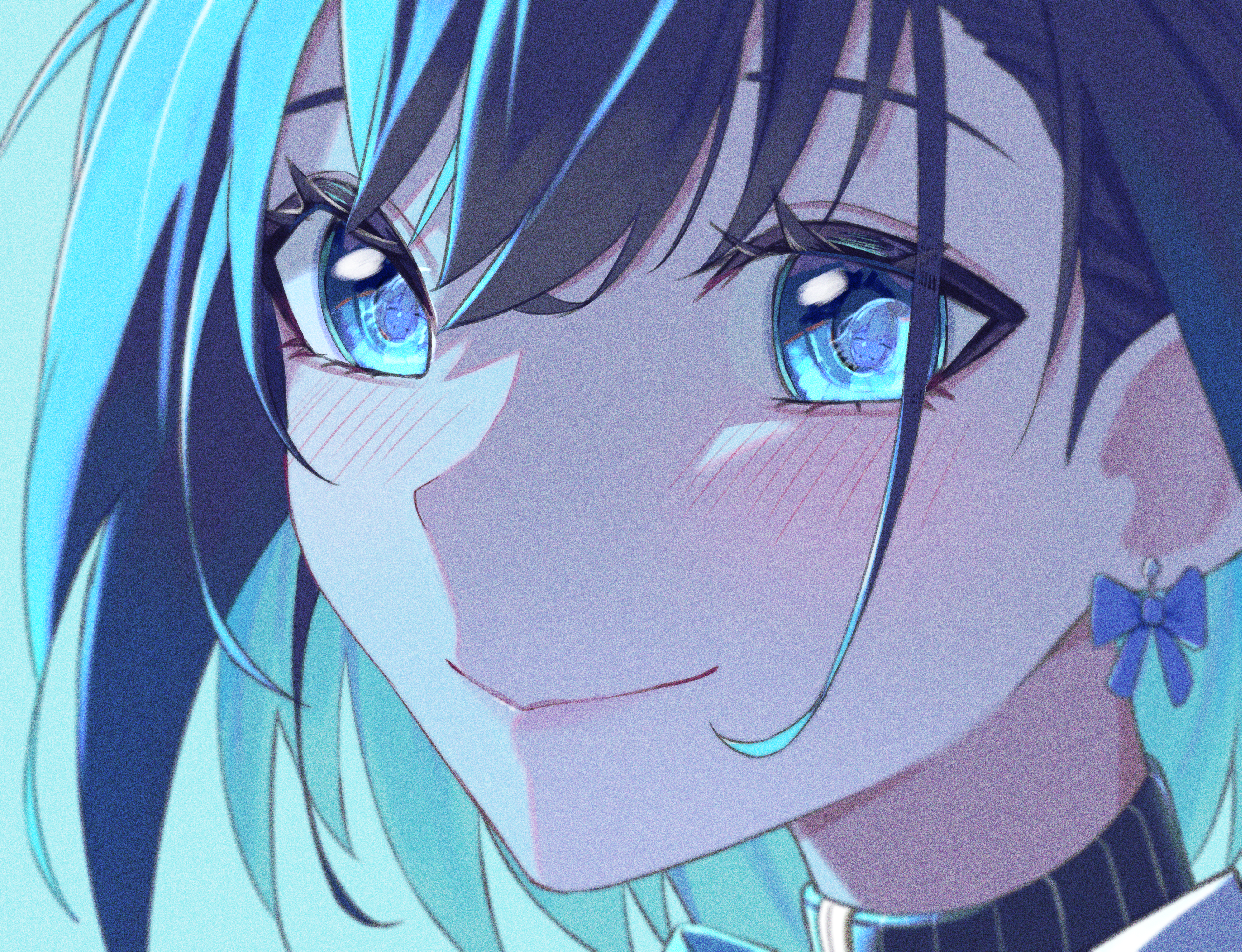 yubbiidraw, ouro kronii, ouro kronii (1st costume), watson amelia, hololive, hololive english, absurdres, highres, 1girl, blue background, blue eyes, blue hair, blush, bow, bow earrings, close-up, earrings, eye reflection, film grain, jewelry, lips, looking at another, raised eyebrows, reflection, smile, turtleneck, virtual youtuber