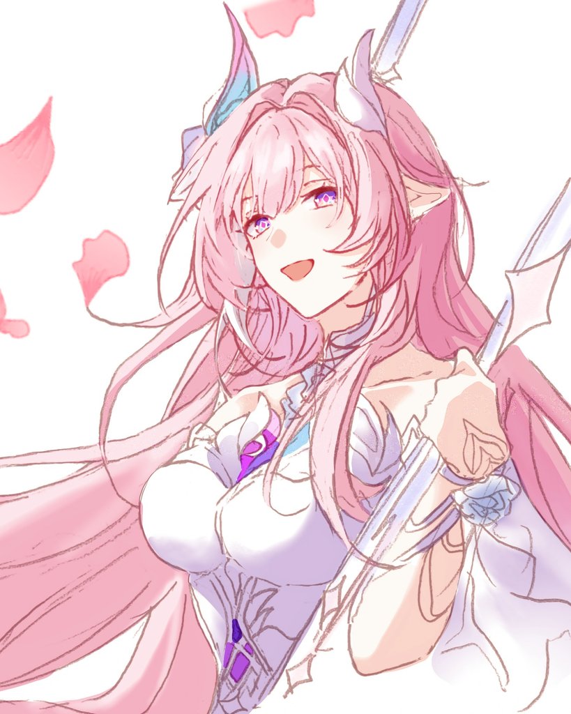 terubayashi, cyrene (honkai: star rail), cyrene (ripples of past reverie) (honkai: star rail), honkai: star rail, honkai (series), commentary request, 1girl, bare shoulders, breasts, diamond-shaped pupils, diamond (shape), dress, hair ornament, large breasts, long hair, open mouth, pink hair, pointy ears, purple eyes, smile, solo, symbol-shaped pupils, very long hair, white dress