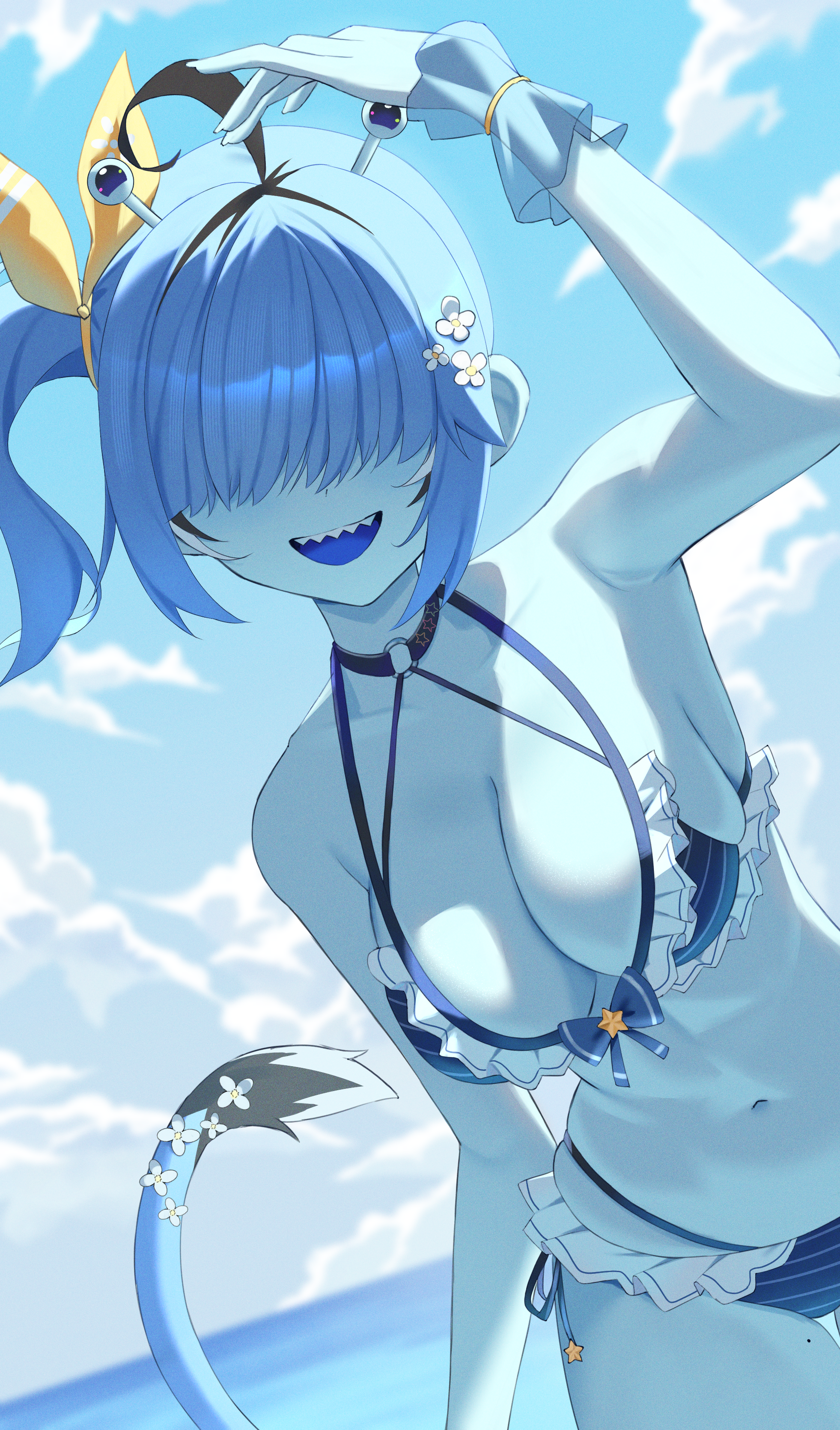yubbiidraw, dooby, dooby (summer), indie virtual youtuber, absurdres, highres, 1girl, ahoge, antennae, arm up, bikini, black streaks, blue bikini, blue bow, blue hair, blue skin, blue sky, bow, breasts, cloud, cloudy sky, colored skin, day, flower, hair flower, hair ornament, hair over eyes, jerboa tail, large breasts, navel, open mouth, outdoors, sharp teeth, side ponytail, sky, solo, striped bikini, striped clothes, swimsuit, teeth, virtual youtuber