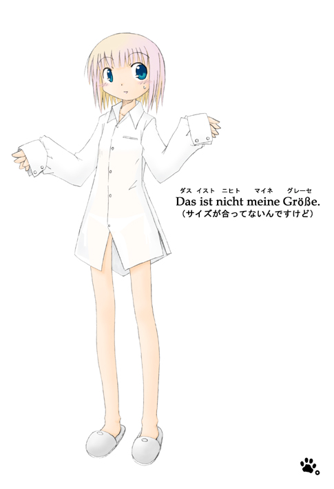 nekotama, original, translated, blue eyes, bottomless, dress shirt, german text, pink hair, shirt, slippers, solo