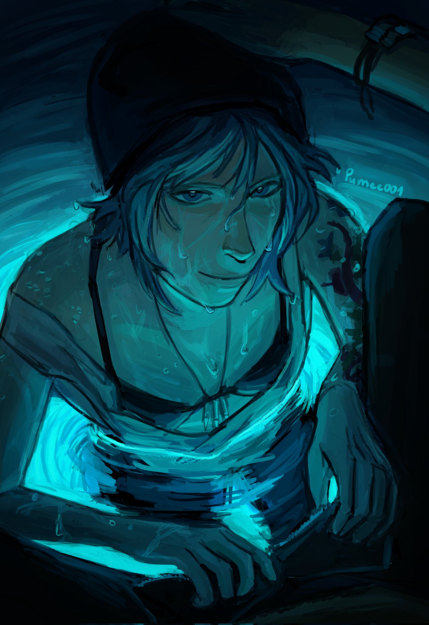 chloe price, life is strange (series), life is strange 1, highres, 1girl, arm tattoo, artist name, beanie, black bra, black hat, blue eyes, blue hair, bra, flat chest, hat, pumee001, solo, tank top, tattoo, underwear, water, wet, white tank top