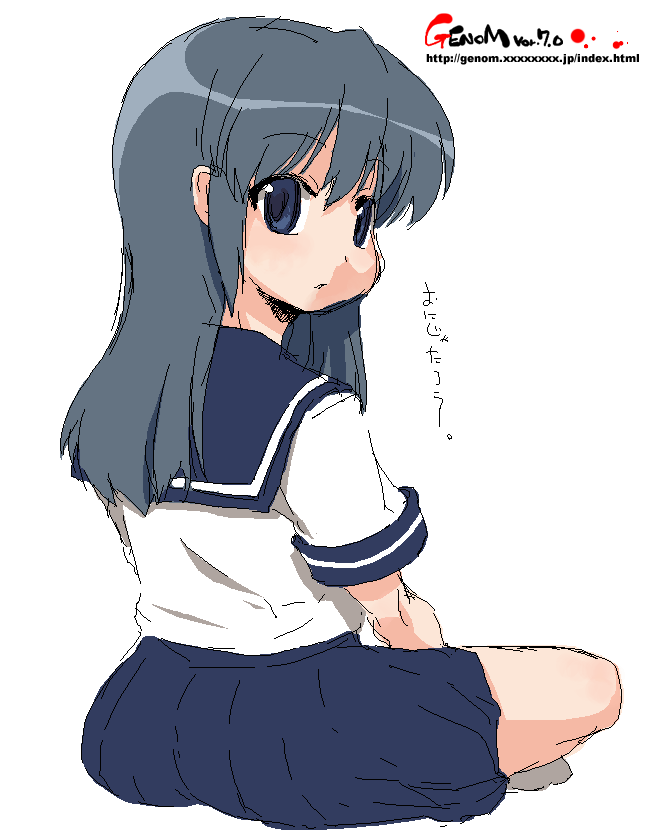 onija tarou, blue eyes, full body, grey hair, long hair, looking back, oekaki, school uniform, serafuku, simple background, solo, watermark, web address, white background