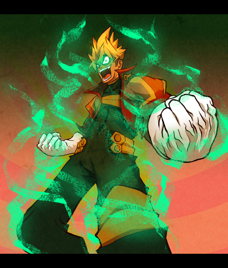scrotumnose, kittan bachika, tengen toppa gurren lagann, 00s, 1boy, aura, blonde hair, gradient background, letterboxed, male focus, solo, spiral power