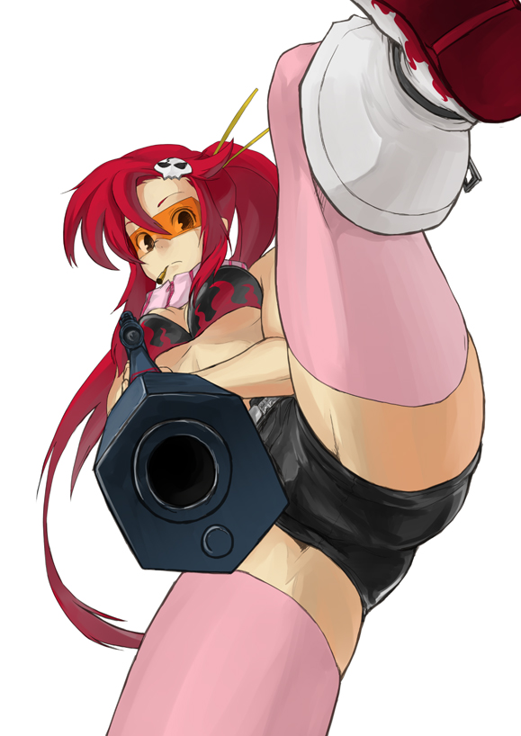 tanaka hirotaka, yoko littner, tengen toppa gurren lagann, visor, 00s, 1girl, aiming, aiming at viewer, breasts, dutch angle, female focus, from below, gun, looking at viewer, orange-tinted eyewear, orange-tinted glasses, solo, sunglasses, thighhighs, tinted eyewear, underboob, weapon