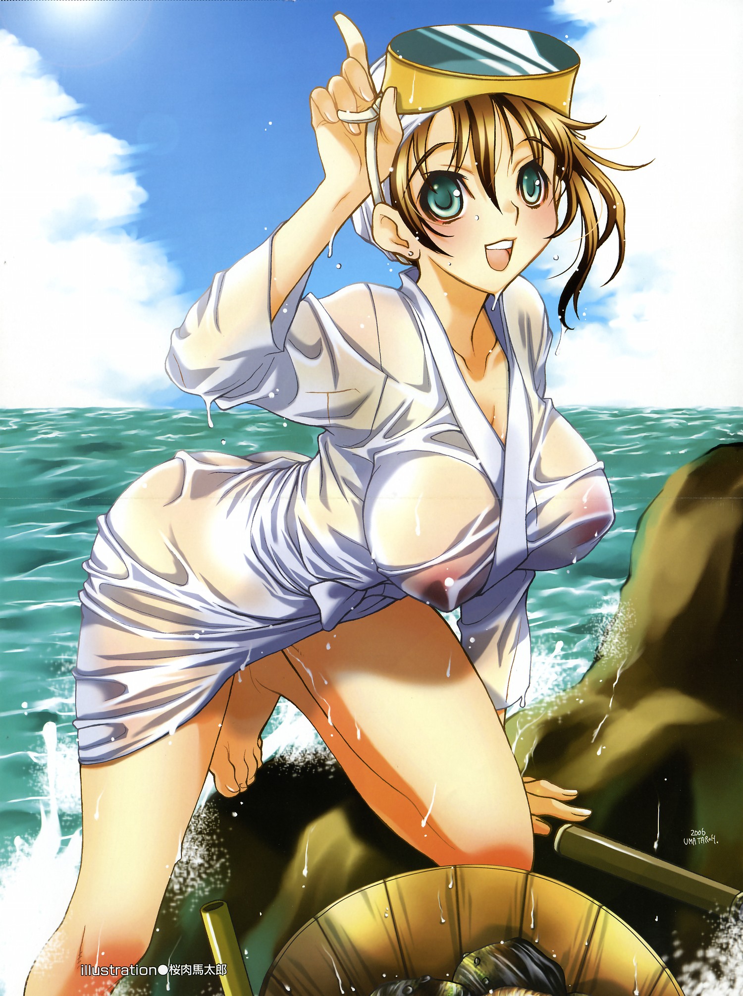 sakuraniku umatarou, original, highres, non-web source, 00s, 1girl, 2006, artist name, clam, female focus, goggles, japanese clothes, kimono, nipples, open mouth, signature, solo, teeth, water, wet, wet clothes, yukata