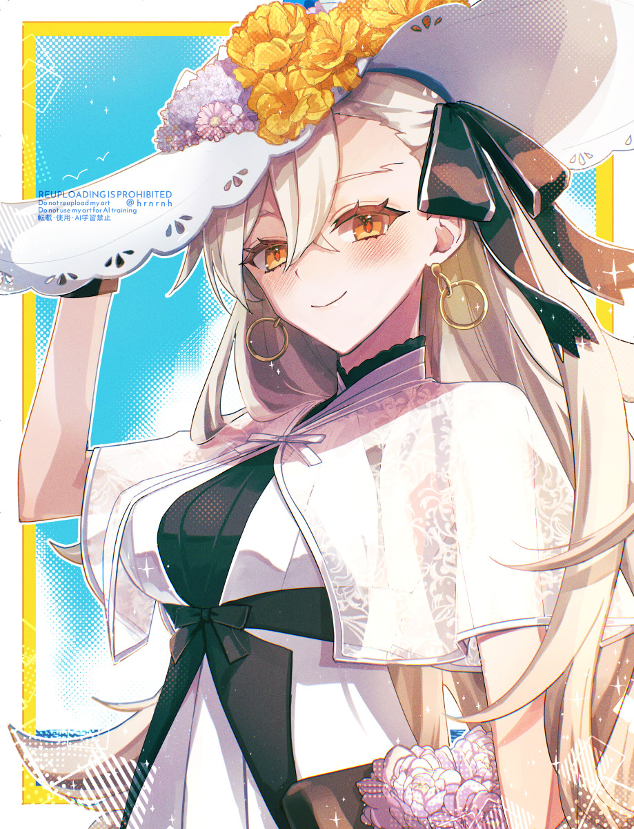 haruna (hrnrnh), olga marie animusphere, u-olga marie, u-olga marie (first ascension), fate/grand order, fate (series), commentary request, highres, md5 mismatch, resolution mismatch, source smaller, 1girl, asymmetrical bangs, black dress, black gloves, blush, breasts, capelet, dress, earrings, flower, gloves, hair ribbon, hat, hat flower, hoop earrings, jewelry, long hair, looking at viewer, medium breasts, orange eyes, ribbon, smile, solo, sun hat, two-tone dress, very long hair, white capelet, white dress, white hair, white hat, yellow eyes