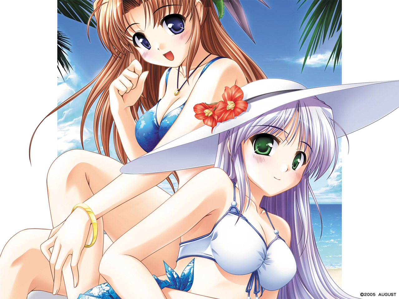 bekkankou, feena fam earthlight, fujieda honami, takamizawa natsuki, august soft, tsuki wa higashi ni hi wa nishi ni, yoake mae yori ruri iro na, light purple hair, 2girls, beach, bikini, blue eyes, bracelet, breasts, brown hair, cleavage, company connection, crossover, day, flower, front-tie top, green eyes, hair flower, hair ornament, hat, hibiscus, jewelry, long hair, lying, medium breasts, multiple girls, necklace, on side, purple hair, sarong, smile, swimsuit