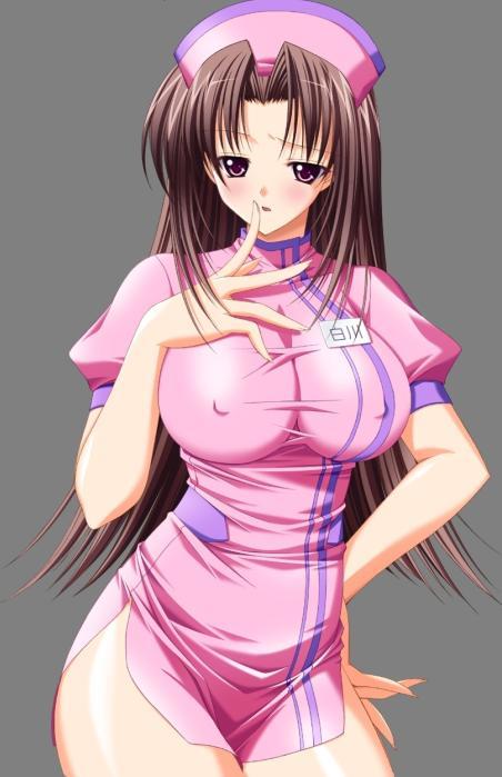 choco chip, shirakawa ryouko, atelier kaguya, nurse ni omakase, game cg, 1girl, blush, breasts, covered erect nipples, female focus, hat, impossible clothes, impossible shirt, long hair, name tag, nurse, pink theme, shirt, solo