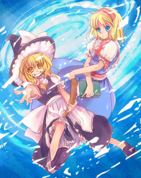 inuinui, alice margatroid, kirisame marisa, touhou, 2girls, blonde hair, blue background, blue eyes, book, broom, broom riding, female focus, foreshortening, grin, hat, multiple girls, shoes, short hair, smile, witch, witch hat, x arms, yellow eyes