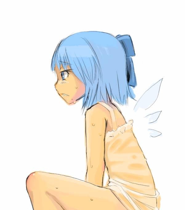 clear cross, cirno, touhou, 1girl, blue eyes, blue hair, bow, female focus, hair bow, matching hair/eyes, simple background, sitting, solo, sweat, upper body, wings