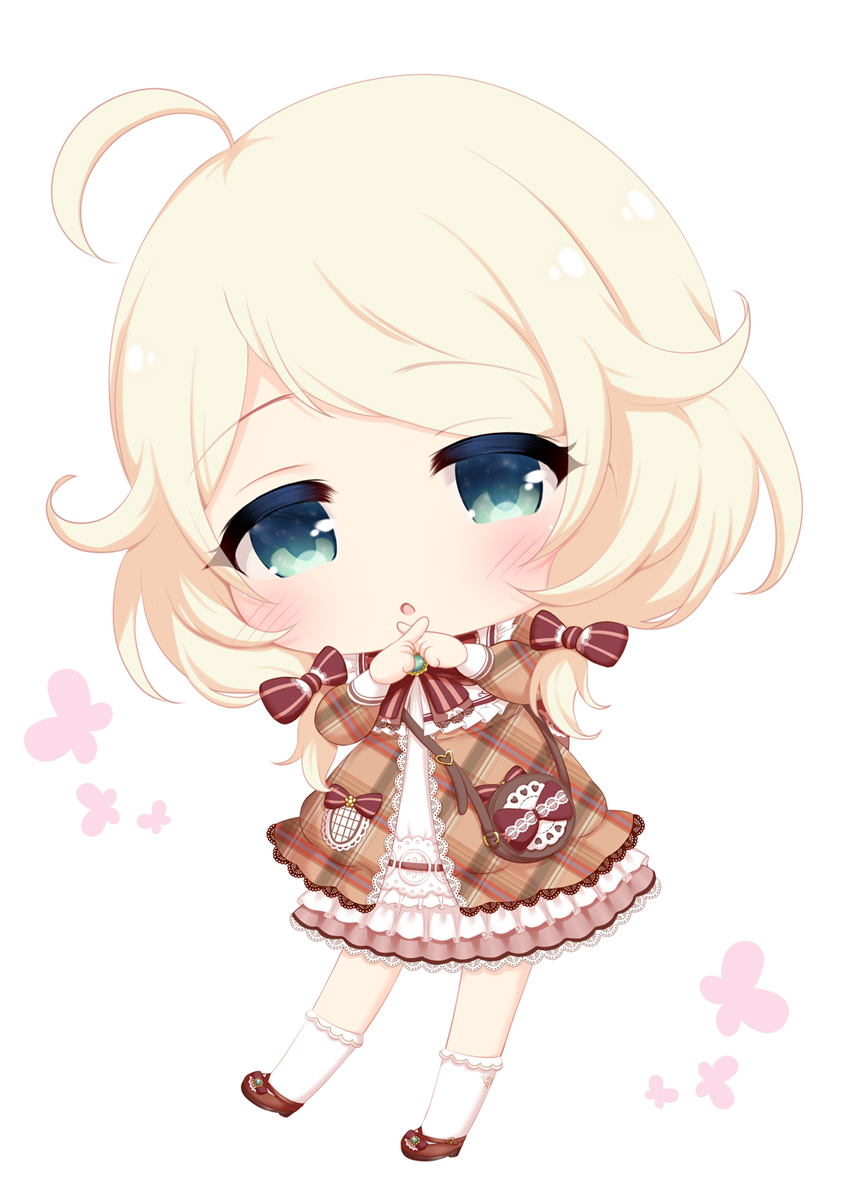 hosizora mikoto, yusa kozue, idolmaster, idolmaster cinderella girls, commentary request, 1girl, ahoge, blonde hair, chibi, dress, green eyes, open mouth, socks, solo, twintails, white socks, x fingers