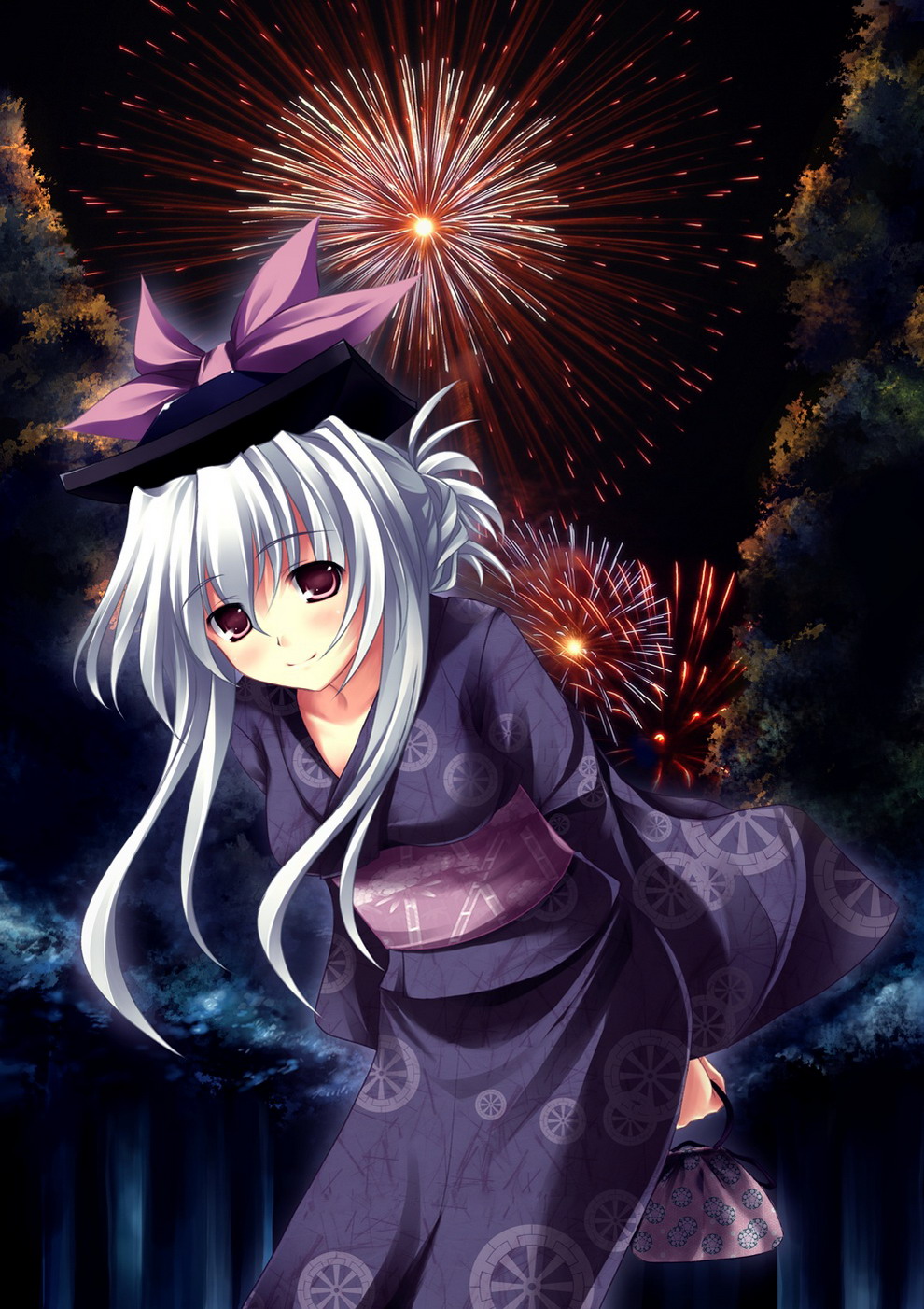 tateha (marvelous grace), kamishirasawa keine, touhou, silver hair, highres, 1girl, aerial fireworks, alternate costume, brown eyes, female focus, fireworks, hat, japanese clothes, kimono, long hair, ribbon, smile, solo, yukata
