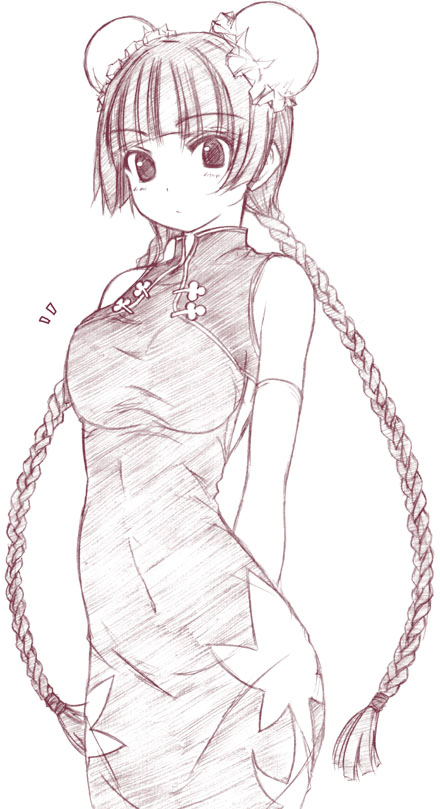 yumesato makura, wang liu mei, gundam, gundam 00, 00s, 1girl, arms behind back, bare shoulders, blunt bangs, braid, breasts, bun cover, china dress, chinese clothes, covered navel, double bun, dress, elbow gloves, female focus, gloves, hair bun, large breasts, long hair, monochrome, narrow waist, purple theme, shirt, sidelocks, sketch, solo, taut clothes, taut dress, taut shirt, twin braids, very long hair