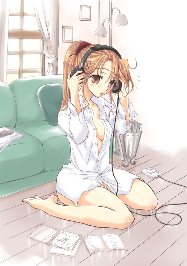 ayano naoto, barefoot, bottomless, digital media player, dress shirt, headphones, ipod, ipod classic, open clothes, open shirt, shirt, solo