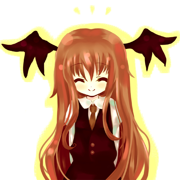 23, 23 (candy chapus), koakuma, embodiment of scarlet devil, touhou, 1girl, closed eyes, female focus, head wings, long hair, necktie, red hair, smile, solo, wings