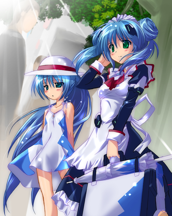 komatsu eiji, maimu (sena sena), sigma (sena sena), sena sena, looking away, official art, 2girls, :o, adjusting hair, age difference, apron, arms behind back, ascot, blue eyes, blue hair, blush, child, double bun, dress, flat chest, floating hair, frilled dress, frills, green eyes, hair between eyes, hair bun, hair ornament, hat, height difference, holding, light particles, light rays, light smile, long hair, maid, maid apron, maid headdress, multiple girls, open mouth, outdoors, ponytail, ribbon, short dress, short twintails, smile, standing, suitcase, sun hat, sunbeam, sundress, sunlight, tree, twintails, umbrella, very long hair, wind