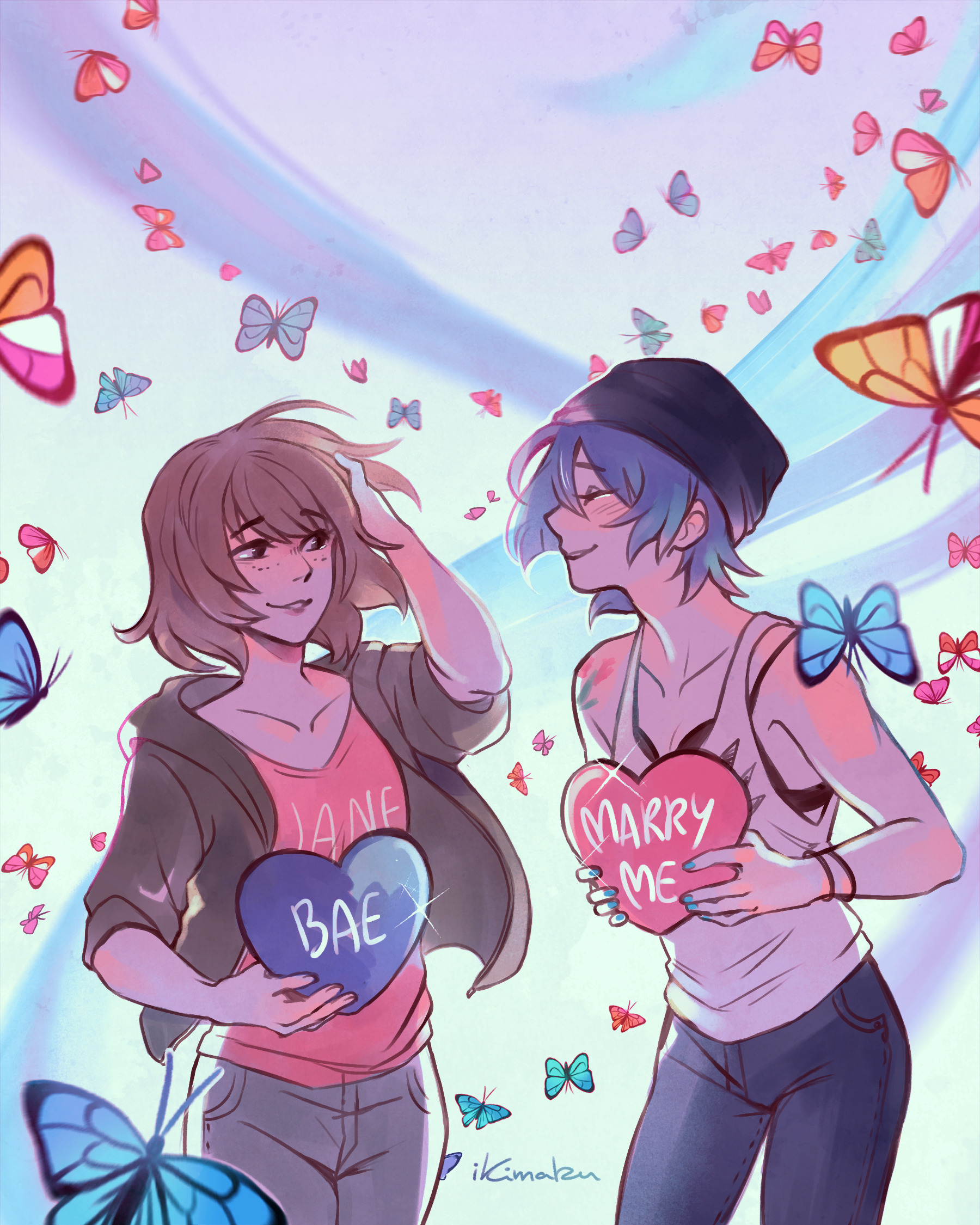 ikimaru, chloe price, max caulfield, life is strange (series), life is strange 1, highres, 2girls, arm tattoo, artist name, beanie, black hat, blue butterfly, blue hair, blue pants, brown hair, brown jacket, bug, butterfly, hat, heart, insect, jacket, marriage proposal, multiple girls, open clothes, open jacket, orange butterfly, pants, pink shirt, shirt, signature, tank top, tattoo, white tank top, yuri